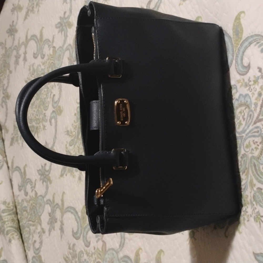 Michael Kors Navy Blue Satchel with Gold Accents